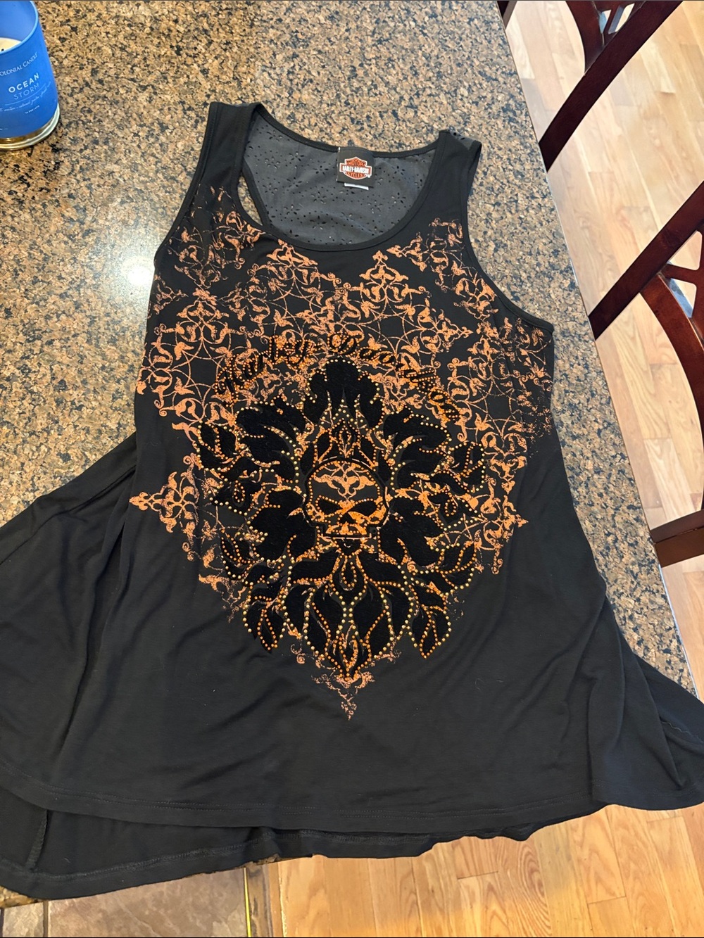 Harley-Davidson Black Tank with Orange Ornate Studded Front